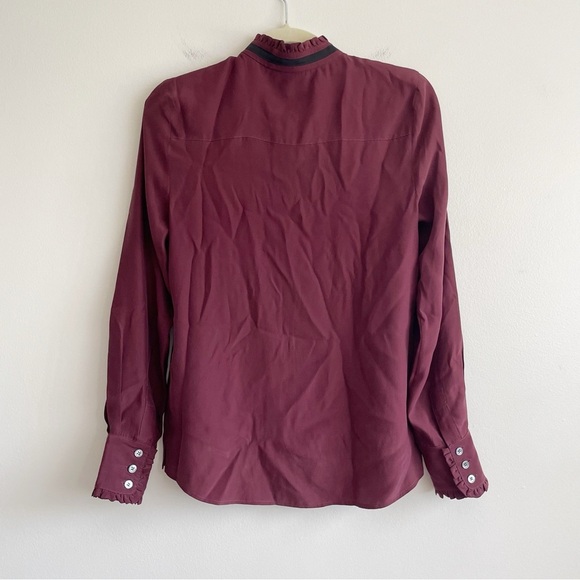 Frame Ruffle Neck Contrast Tie Silk Blouse XS burgundy Edwardian renaissance red - Picture 4 of 14